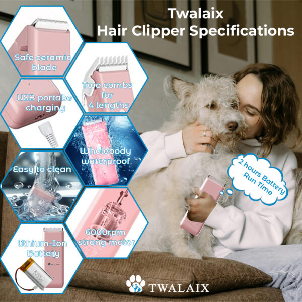 Twalaix 5-in-1 Pet Hair Grooming Kit | Perfect for Dogs & Cats, Low Noise, Waterproof - Image 4
