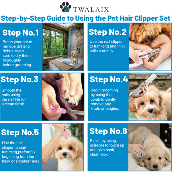 Twalaix 5-in-1 Pet Hair Grooming Kit | Perfect for Dogs & Cats, Low Noise, Waterproof - Image 6